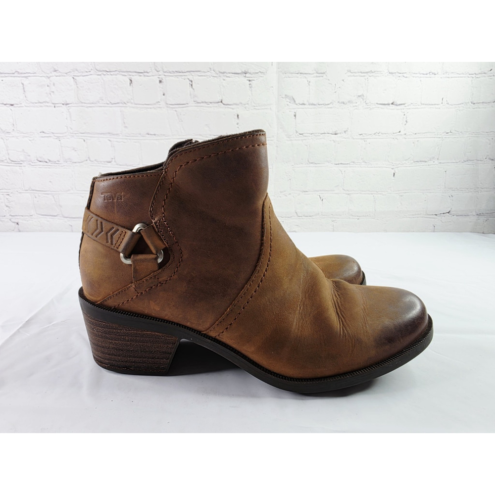 Teva Foxy Brown Leather Side Zip Block Heel Ankle Boot Women's Size 8